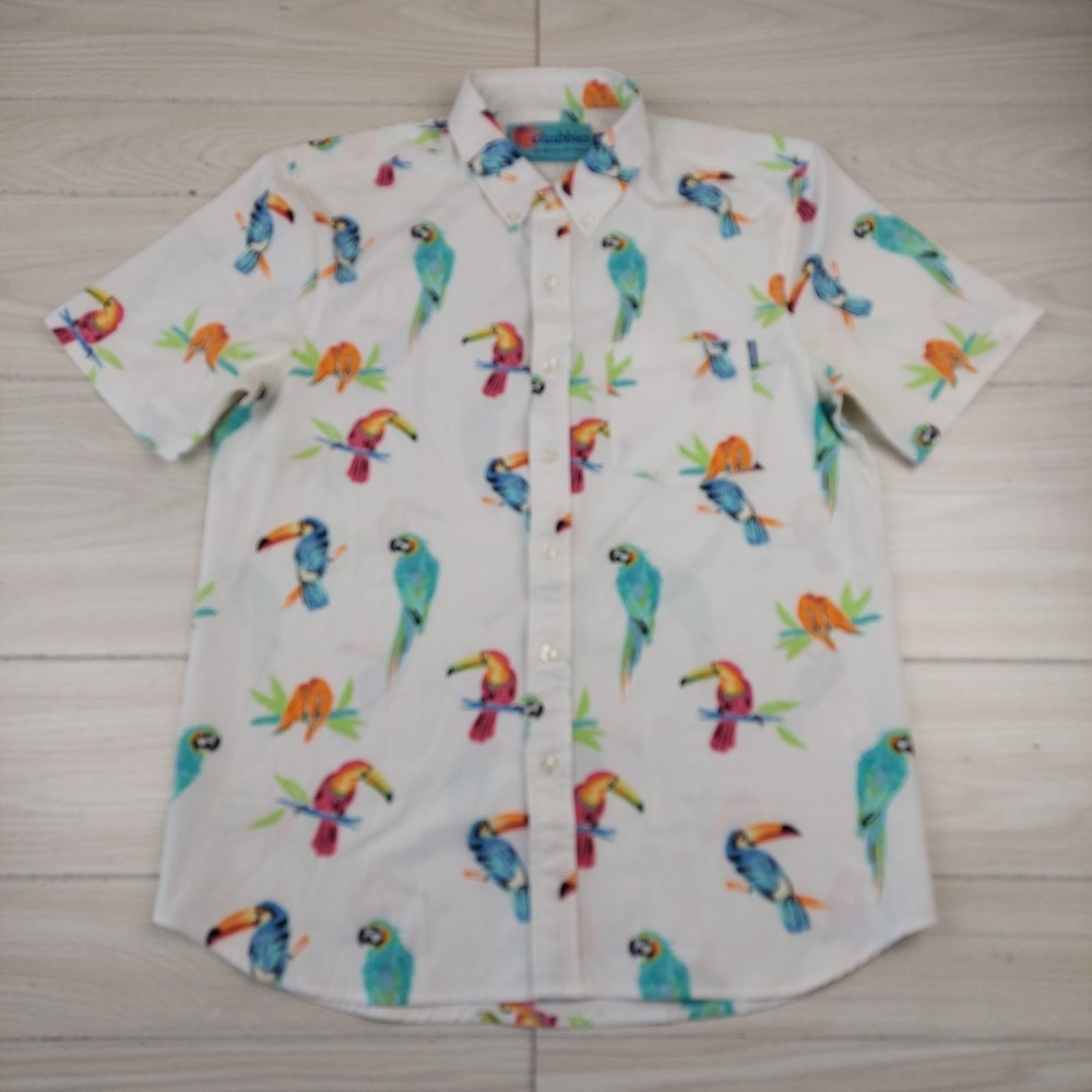 Chubbies Button Down Shirt Mens Medium White Tropical Bird Print Short Sleeve